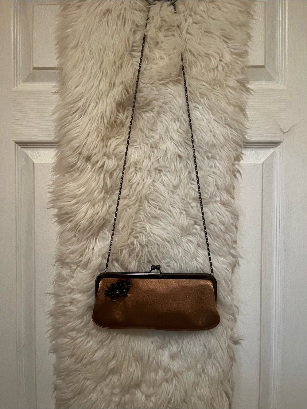 Elegant Brown Satin Frame Clutch with Chain Strap